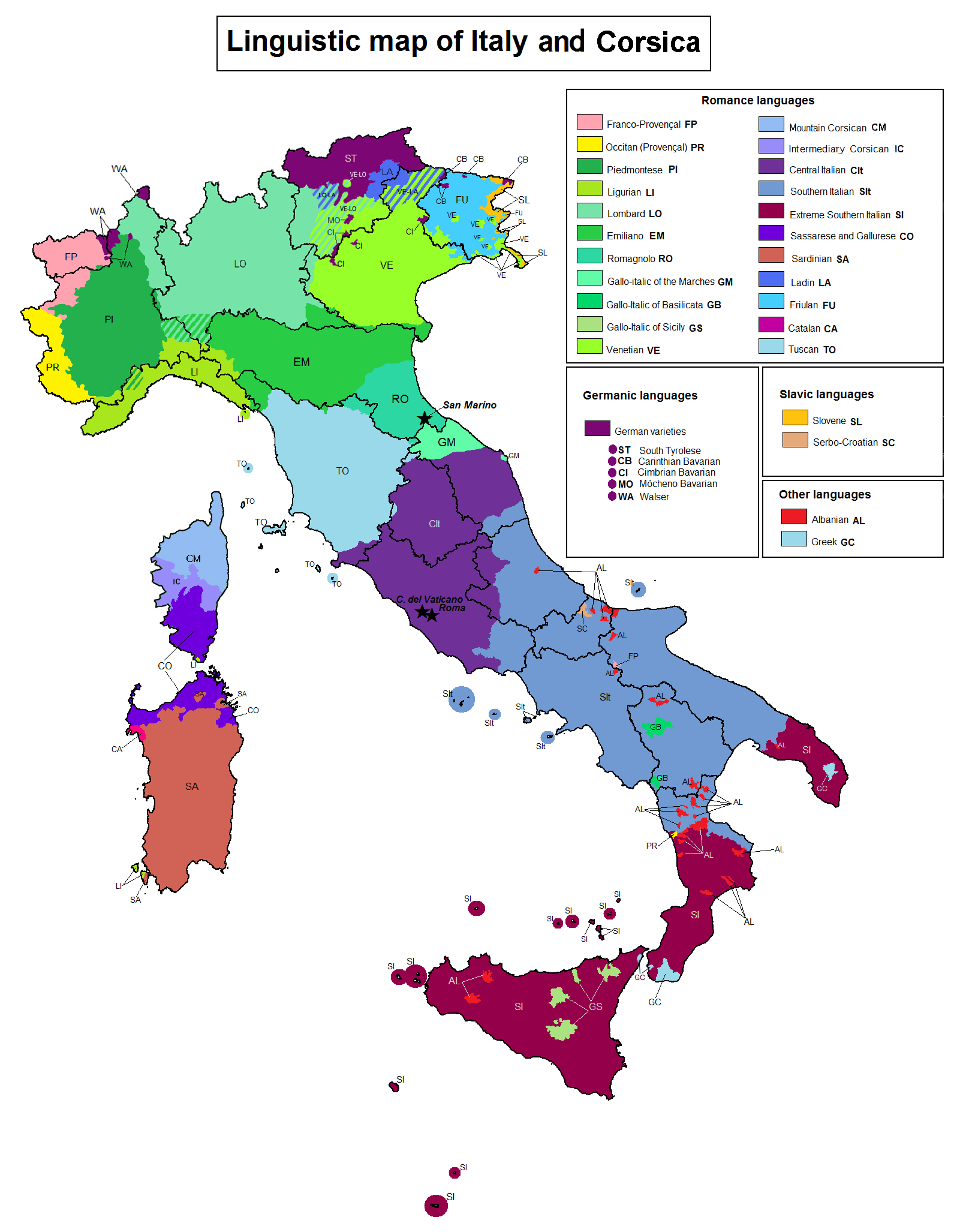 Peta bahasa-bahasa yang dituturkan di Italia