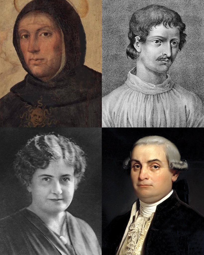 Searah jarum jam dari kiri atas: Aquinas, teolog; Bruno, kosmolog; Beccaria, kriminolog; dan Montessori, dari pendidikan Montessori