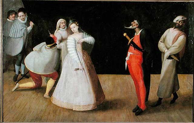 Kelompok Commedia dell'arte I Gelosi tampil, oleh Hieronymus Francken I, sekitar tahun 1590