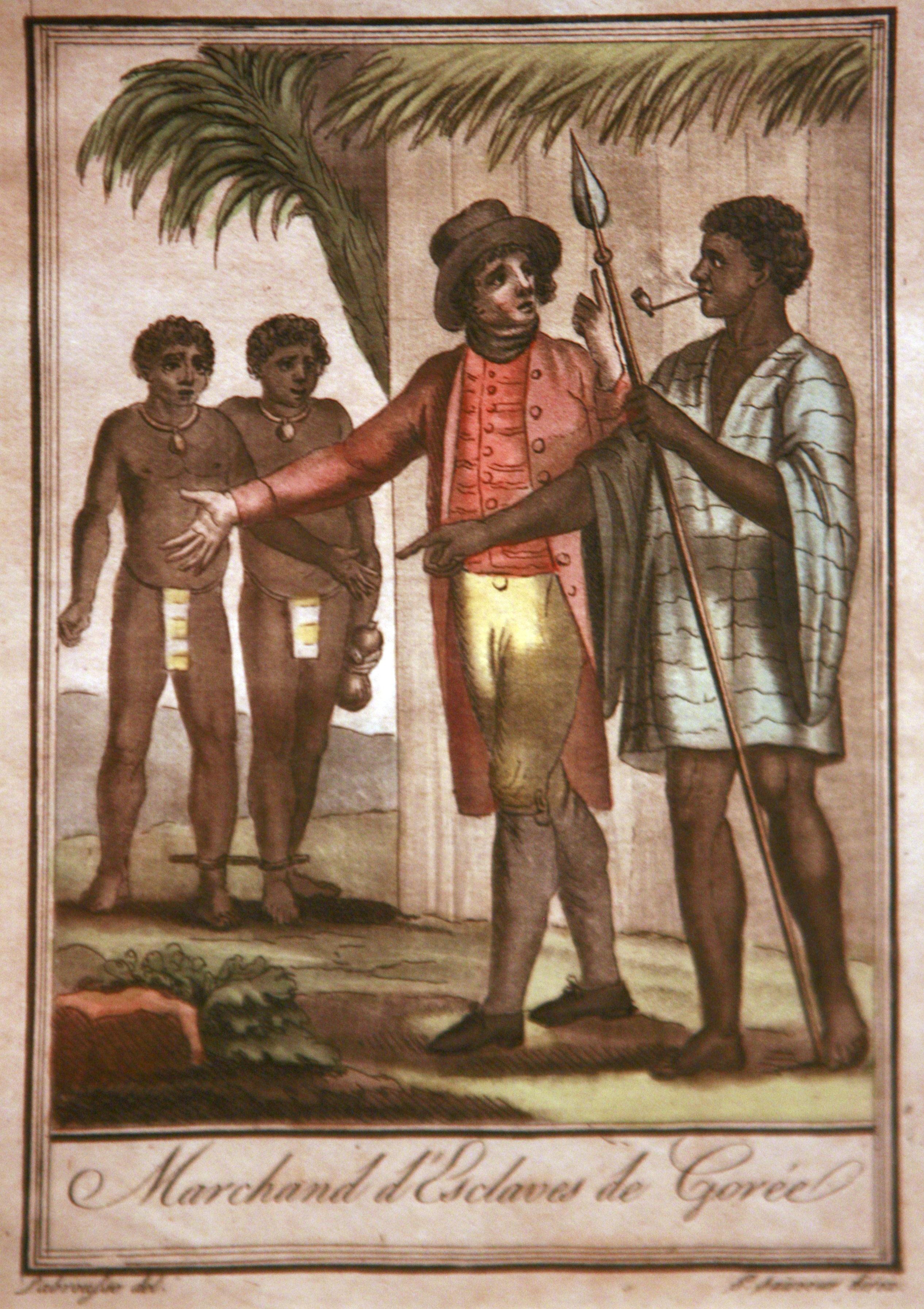 French slave traders in Gorée, 18th century. Gorée Island became a significant center for the Atlantic slave trade.