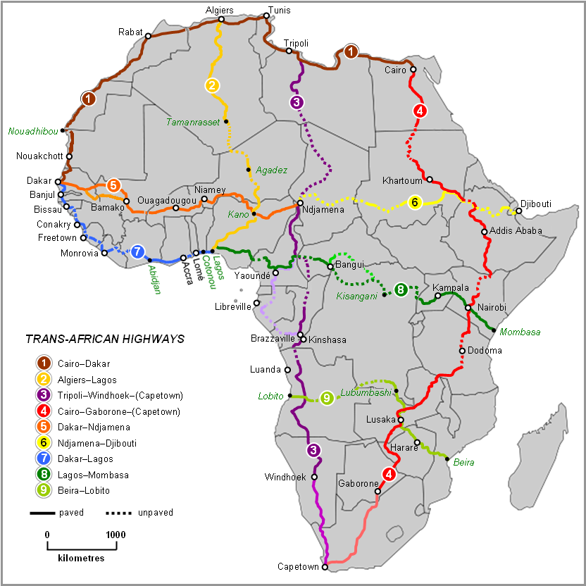 Map showing Trans-African Highway routes, several of which pass through Nigeria.