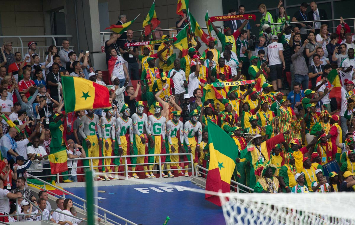 Senegalese football fans at the 2018 FIFA World Cup in Russia, showcasing national pride in sports.