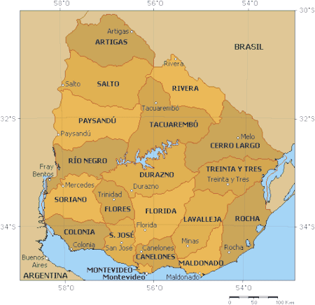 ウルグアイの県の地図