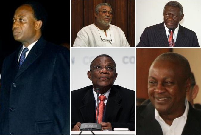 First President of the Republic of Ghana Nkrumah and the 1st, 2nd, 3rd and 4th presidents of the 4th Republic of Ghana Rawlings; Kufuor; Mills and Mahama. This image highlights key leaders in Ghana's post-independence political landscape.