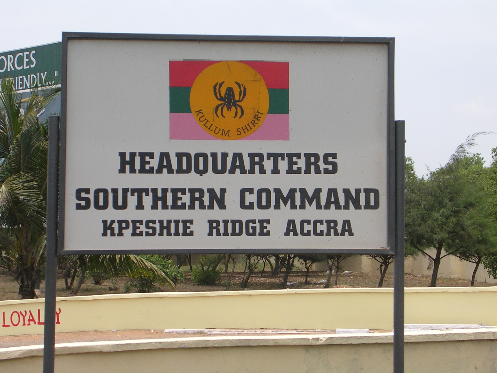 A Ghana Army Southern Command sign written in English, the official language of Ghana, in Accra (2009).