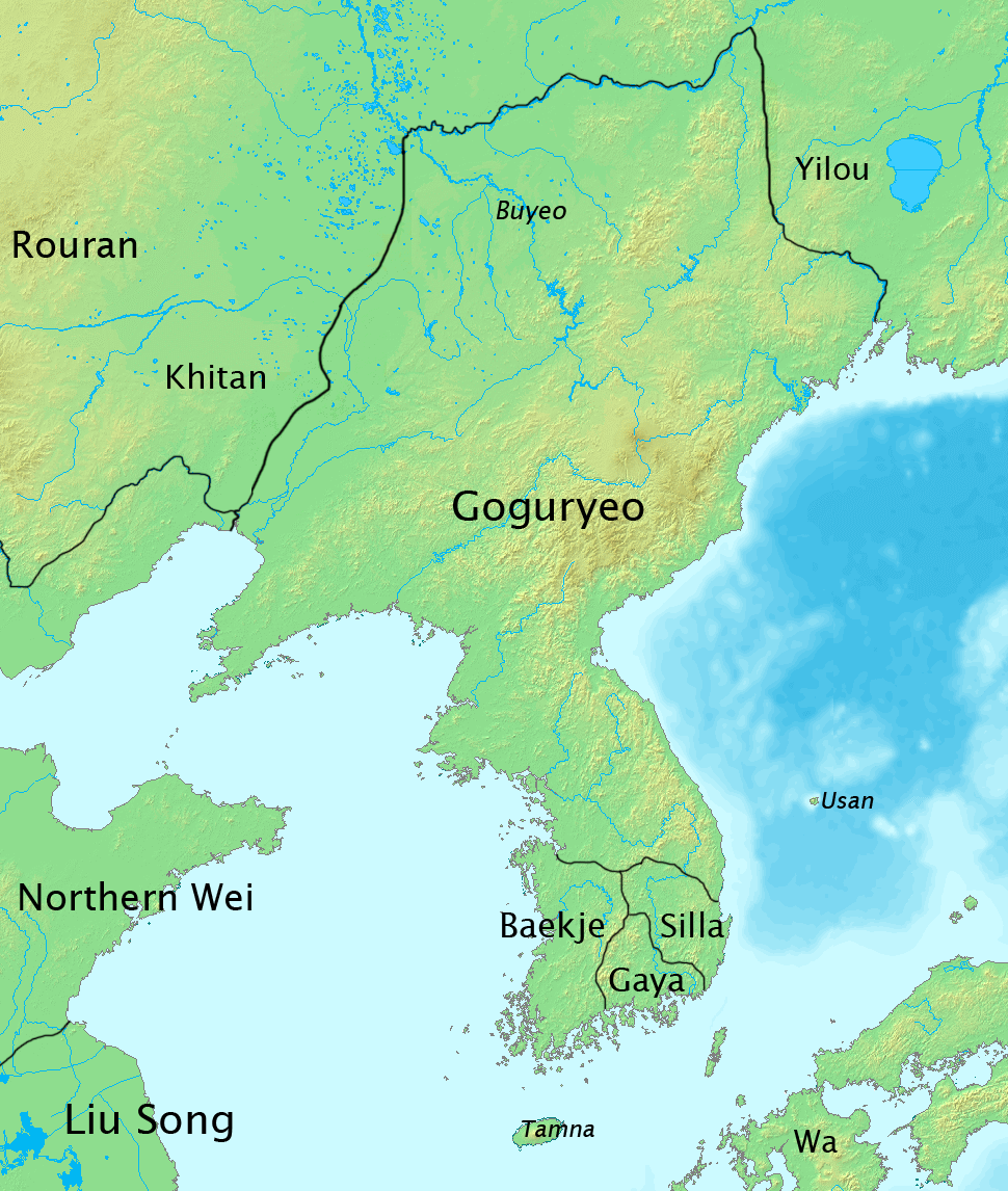 Peta Tiga Kerajaan Korea pada akhir abad ke-5. Goguryeo (ungu), Baekje (biru muda), Silla (merah), dan Gaya (kuning).