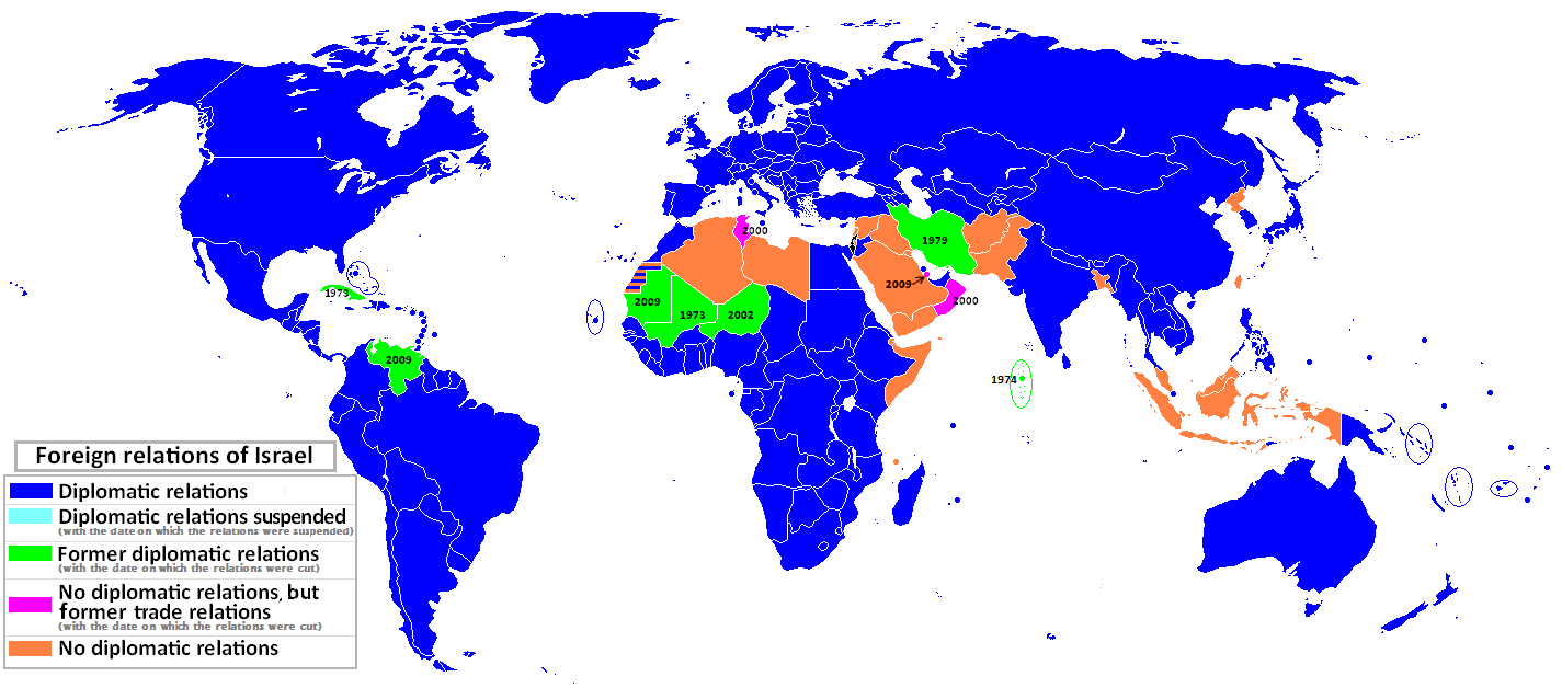 Peta hubungan luar negeri Israel: Kuning - Negara Israel; Hijau - Negara-negara yang mengiktiraf Israel; Merah gelap - Negara-negara yang telah menarik balik pengiktirafan Israel; Merah - Negara-negara yang telah menggantung/memutuskan hubungan dua hala dengan Israel, tetapi mengekalkan pengiktirafan; Kelabu - Negara-negara yang tidak pernah mengiktiraf Israel
