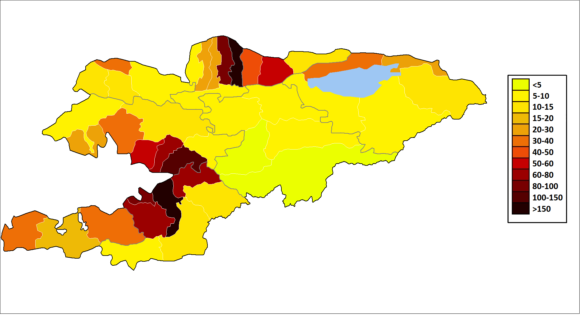 Kepadatan penduduk (orang per km2) Kirgizstan, 2015.
