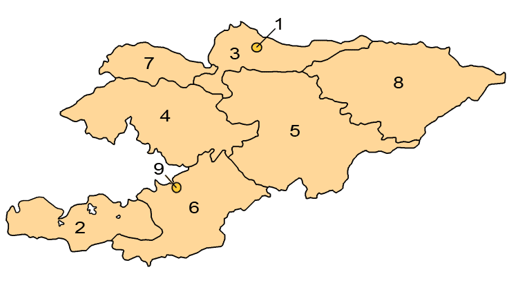Peta wilayah administrasi Kirgizstan.1. Kota Bishkek2. Region Batken3. Region Chüy4. Region Jalal-Abad5. Region Naryn6. Region Osh7. Region Talas8. Region Issyk-Kul9. Kota Osh