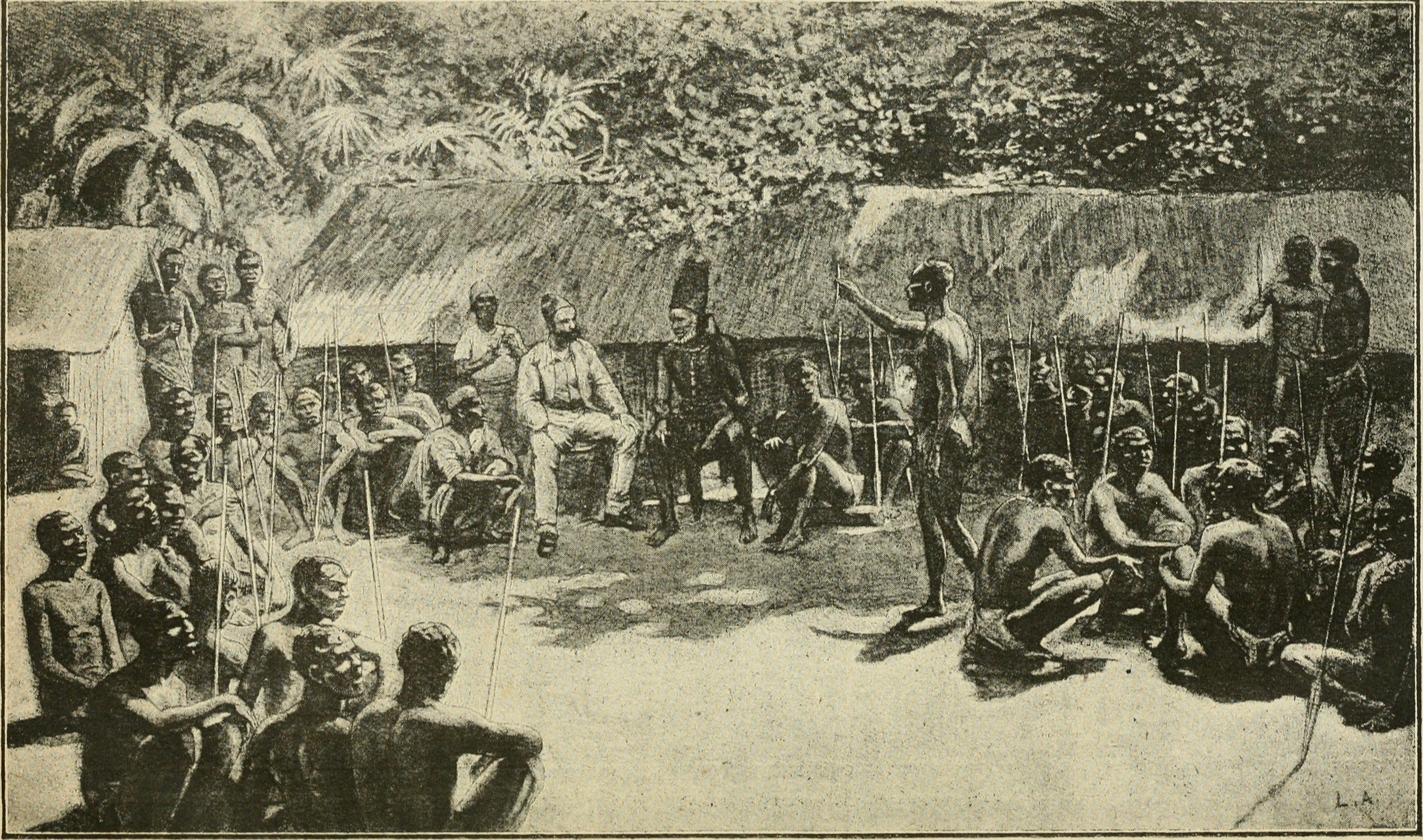 Pegawai Negara Bebas Congo, Camille Coquilhat, bersama ketua Bangala, Mata-Buiké, sekitar tahun 1888.