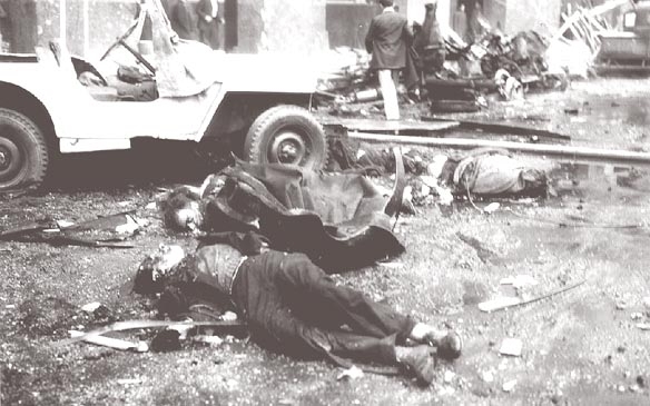 Civilian casualties after the air attack on Plaza de Mayo in June 1955, a violent prelude to Perón's ousting and a symbol of the era's political instability.
