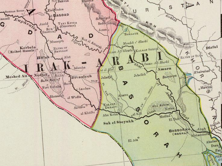 Vilayet Basra dari Kekaisaran Utsmaniyah pada tahun 1897. Setelah Konvensi Anglo-Utsmaniyah 1913, Kuwait didirikan sebagai kaza otonom, atau distrik, dari Kekaisaran Utsmaniyah dan protektorat de facto dari Britania Raya.