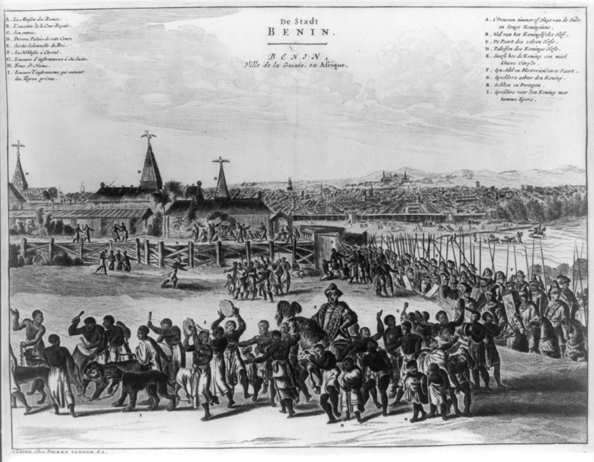A 1668 Dutch illustration depicting Benin City, showing its organized layout and impressive structures, including what is likely the palace, adorned with Benin bronzes. The city's walls were extensive fortifications.