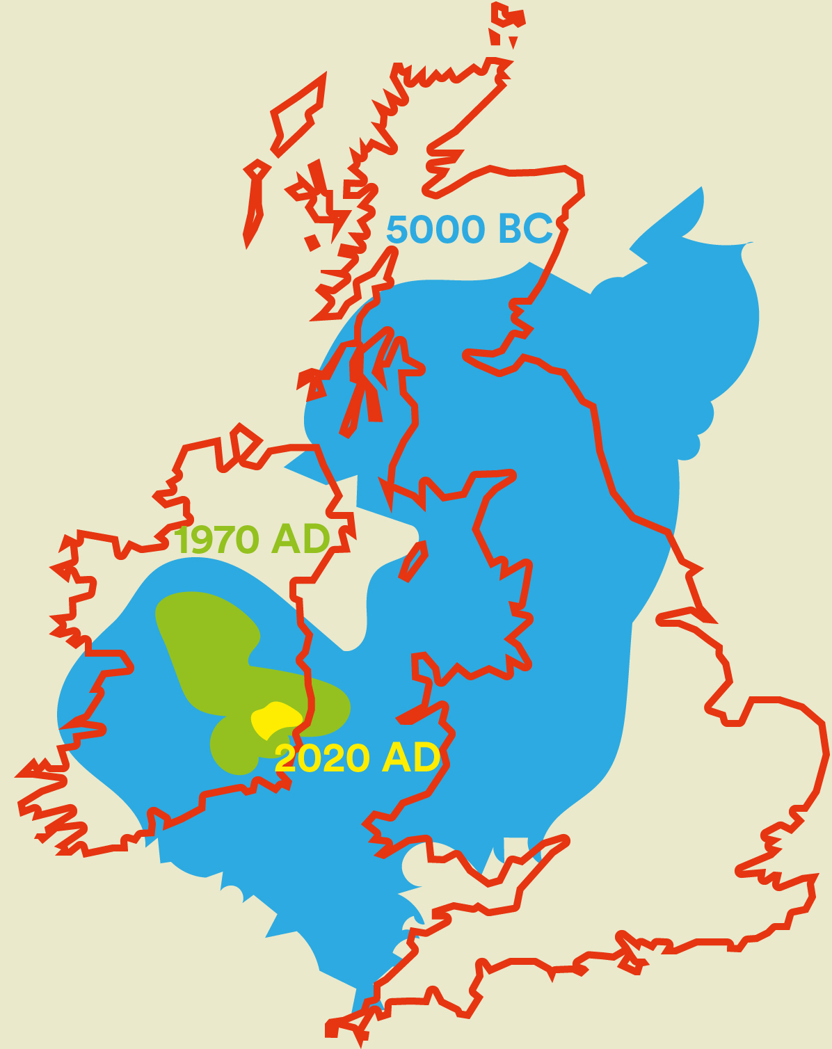 Map illustrating the significant shrinkage of Lake Chad over several decades, with the British Isles shown for size comparison. This highlights a major environmental concern for Nigeria and neighboring countries.