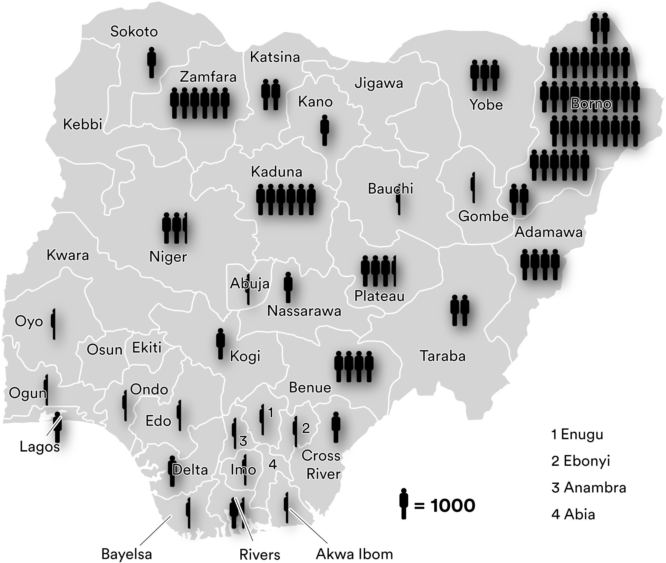 Serangan oleh Boko Haram, 2011 hingga Oktober 2022. Setiap angka mewakili 1,000 kematian.
