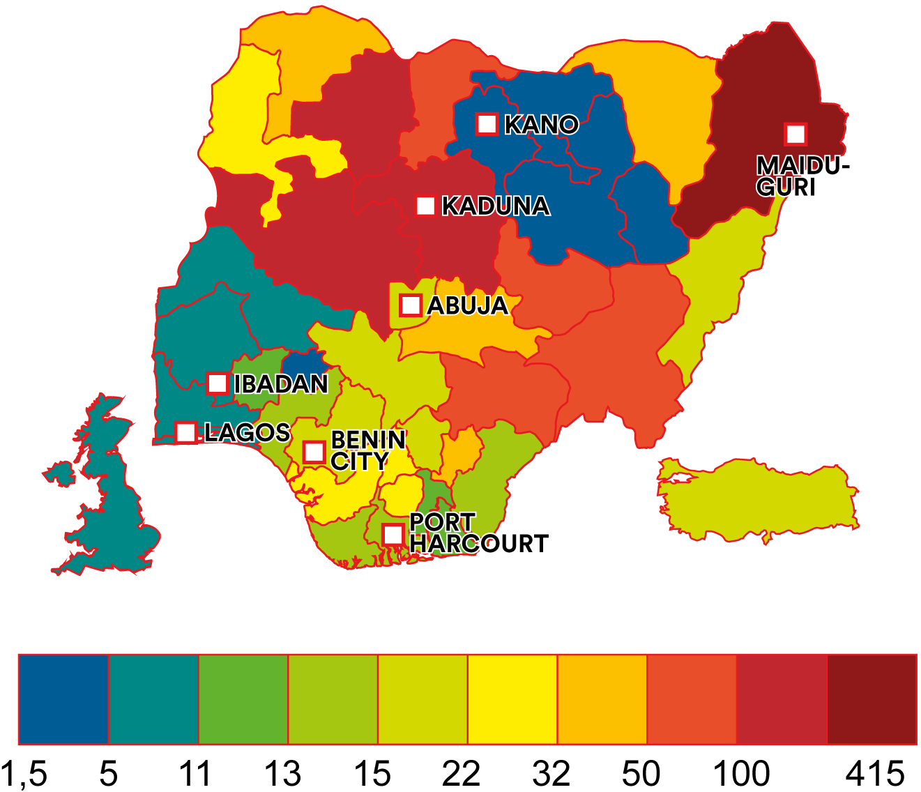 Pembunuhan mengikut negeri Nigeria setahun dan per 1 juta penduduk, membandingkan UK dan Turki (Sumber: Nigeria Security Tracker 1/2020-6/2023)