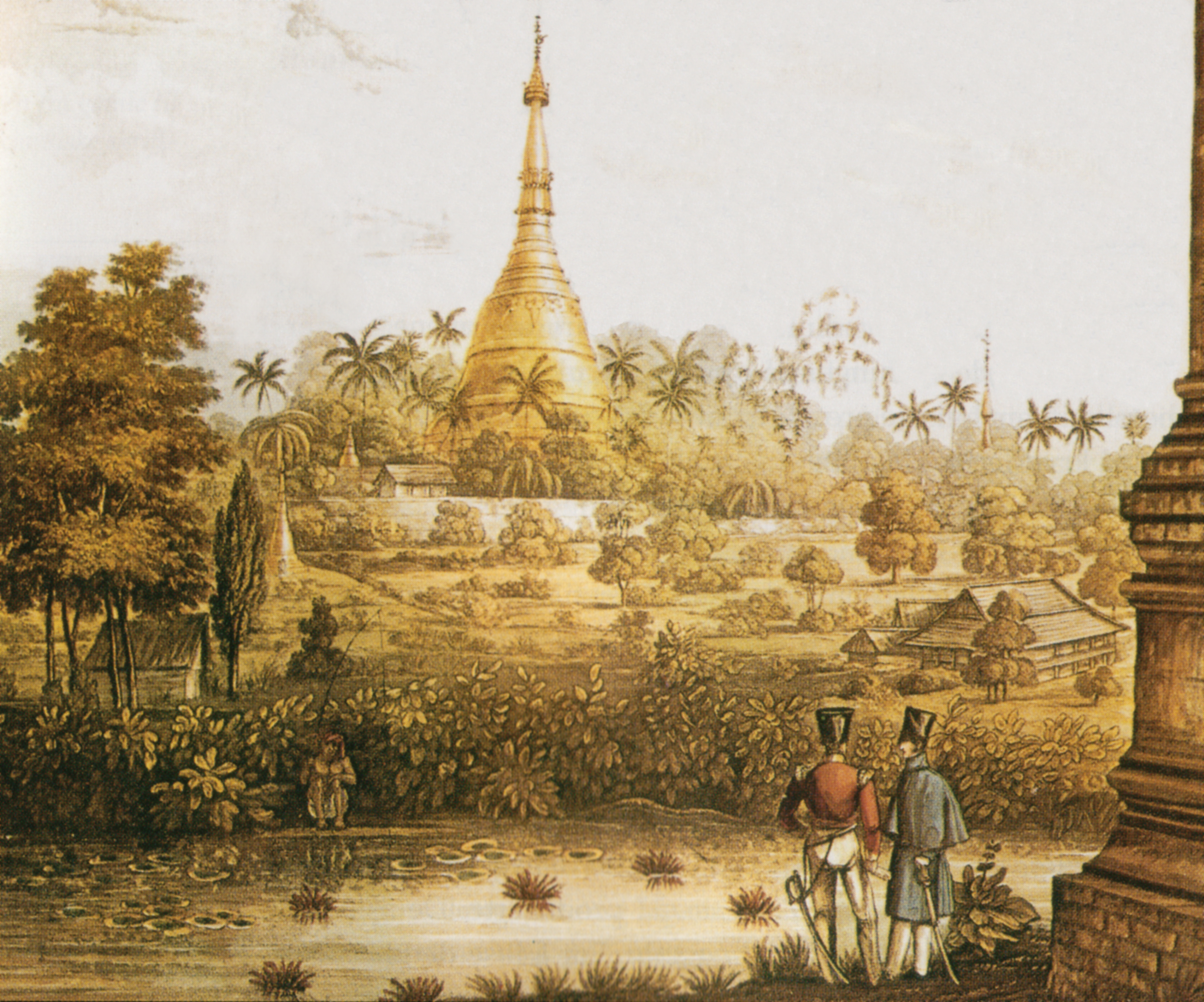 Litograf British 1825 Pagoda Shwedagon menunjukkan pendudukan British semasa Perang Inggeris-Burma Pertama.