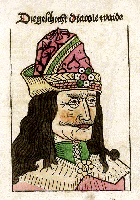 ヴラド・ツェペシュ(ワラキア公国の中世の支配者)を描いた同時代の木版画(1488年)。世界史上で最も有名なルーマニアの支配者。