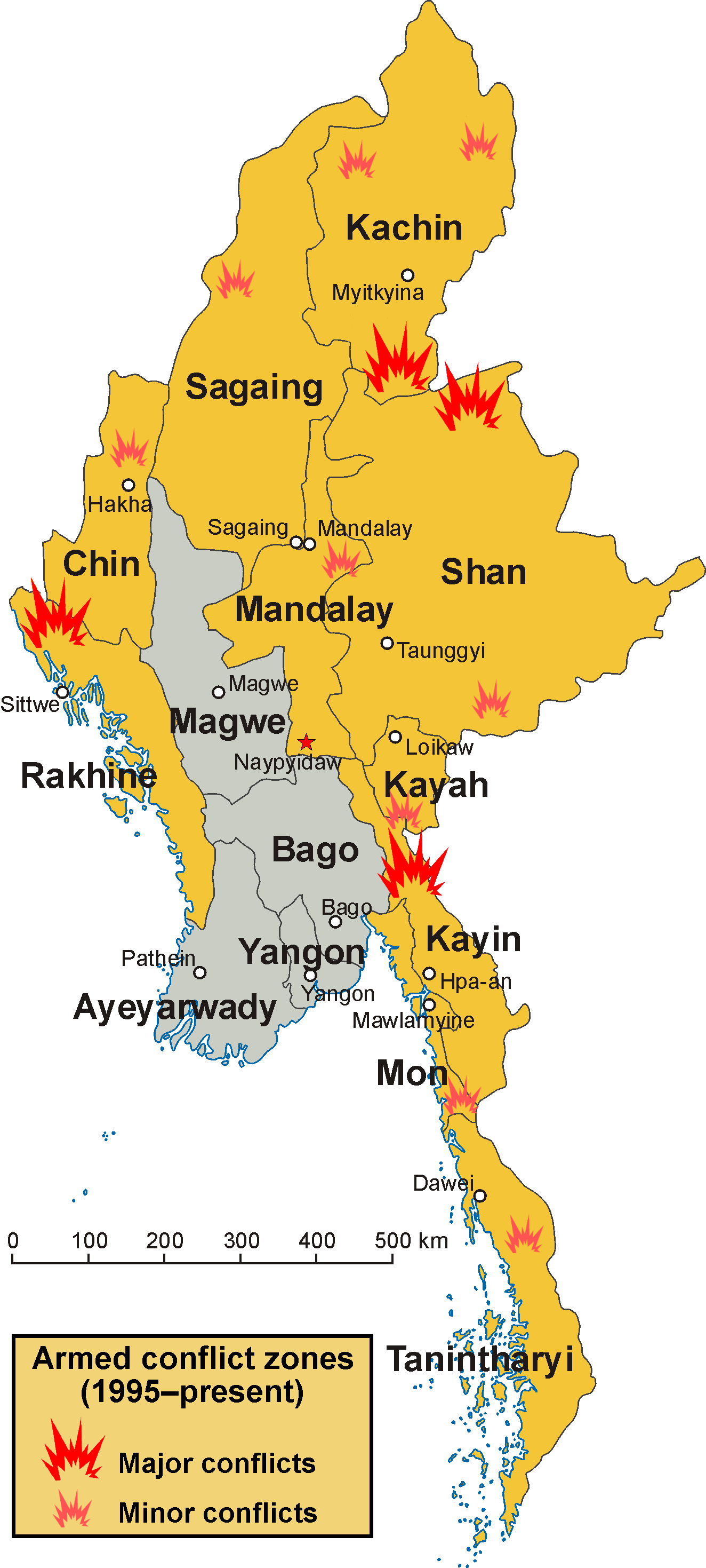 Peta zon konflik di Myanmar. Negeri dan wilayah yang terjejas oleh pertempuran semasa dan selepas 1995 diserlahkan dengan warna kuning.