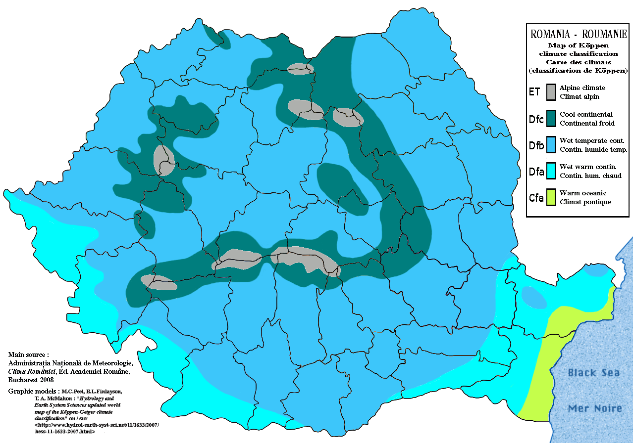 ケッペンの気候区分によるルーマニアの気候図(Administrația Națională de Meteorologie、ブカレスト、2008年の『Clima României』による)