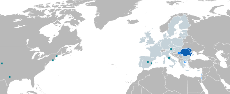 ルーマニア語の世界的な使用状況を示す地図(母語話者および外国語話者として)