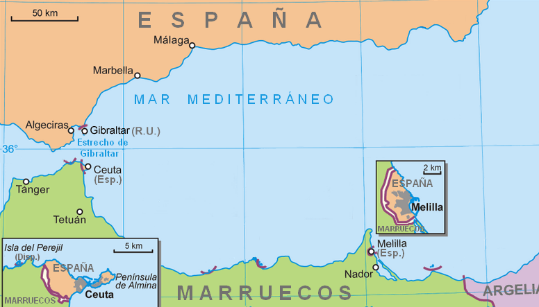 Maroc tuyên bố chủ quyền đối với các vùng đất của Tây Ban Nha là Ceuta và Melilla.