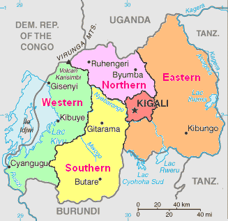 alt=Peta Rwanda menunjukkan lima provinsi dalam berbagai warna, serta kota-kota besar, danau, sungai, dan wilayah negara tetangga