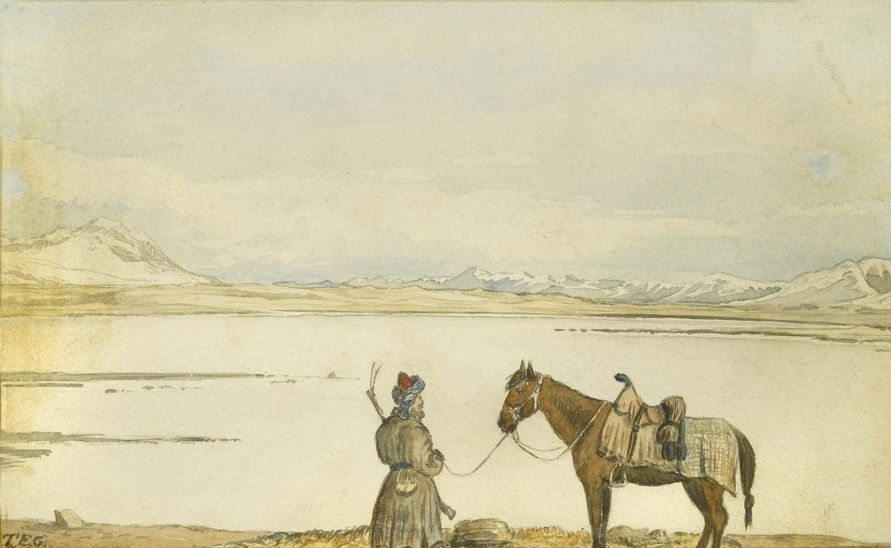Lukisan abad ke-19 yang menggambarkan danau Zorkul dan seorang penduduk Tajik setempat. Wilayah ini kemudian menjadi bagian dari penaklukan Rusia.