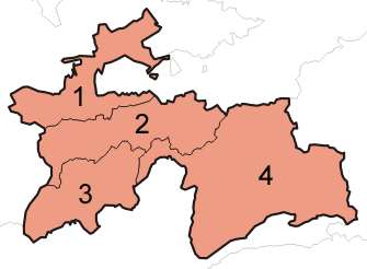 Peta wilayah administratif Tajikistan. 1. Sughd, 2. Distrik Subordinasi Republik, 3. Khatlon, 4. Gorno-Badakhshan. Dushanbe (tidak bernomor) adalah ibu kota.