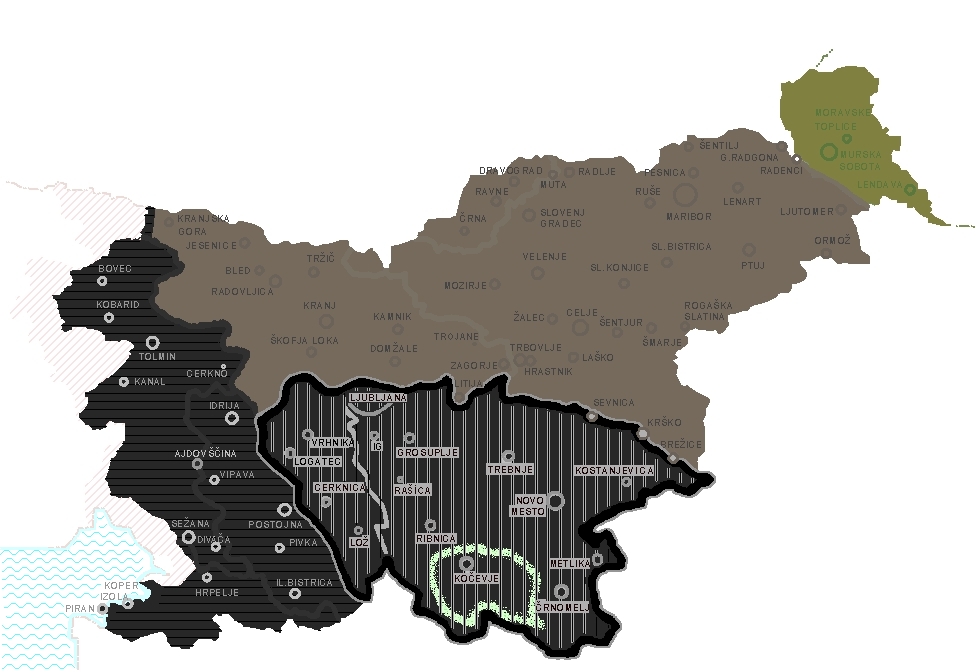 Trong Chiến tranh thế giới thứ hai, các khu vực của Slovenia bị các cường quốc phe Trục phân chia và sáp nhập: Đức Quốc xã (ví dụ: vùng Thượng Carniola, Hạ Styria), Ý Phát xít (ví dụ: tỉnh Ljubljana), và Hungary (ví dụ: vùng Prekmurje). Một số làng được hợp nhất vào Nhà nước Độc lập Croatia. Bản đồ hiển thị các khu vực bị sáp nhập bởi Đức (màu nâu), Hungary (xanh đậm), và Ý (đen gạch chéo; phần đen đặc phía tây đã bị Ý sáp nhập từ năm 1920). Sau năm 1943, Đức chiếm đóng cả khu vực do Ý sáp nhập.