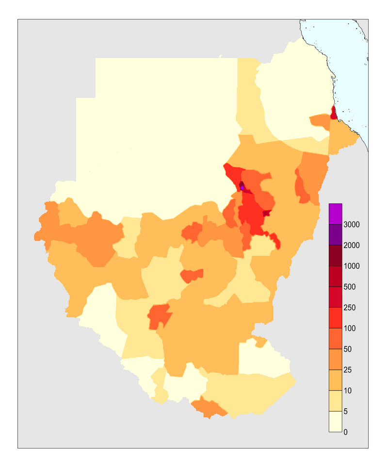 Kepadatan penduduk Sudan pada tahun 2010, yang merangkumi wilayah negara Sudan Selatan yang kini merdeka.