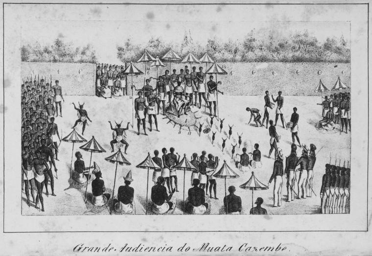 A 19th-century drawing of Mwata Kazembe, a ruler of a Lunda kingdom, receiving Portuguese visitors in the royal courtyard, illustrating diplomatic and trade interactions.
