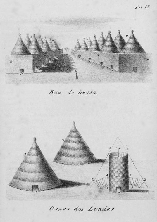 A drawing by a Portuguese visitor depicting Lunda houses in 1854, showcasing the scale of their architecture.