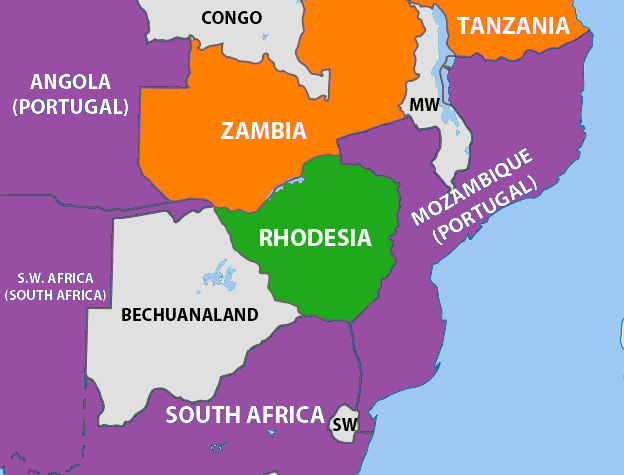 Tình hình địa chính trị trong Chiến tranh Du kích Rhodesia năm 1965 - các quốc gia thân thiện với những người theo chủ nghĩa dân tộc được tô màu cam