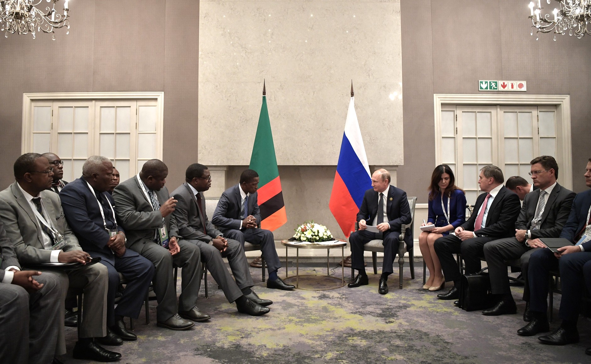 Then-President Edgar Lungu of Zambia with Russian President Vladimir Putin on July 26, 2018, reflecting Zambia's engagement with global powers.