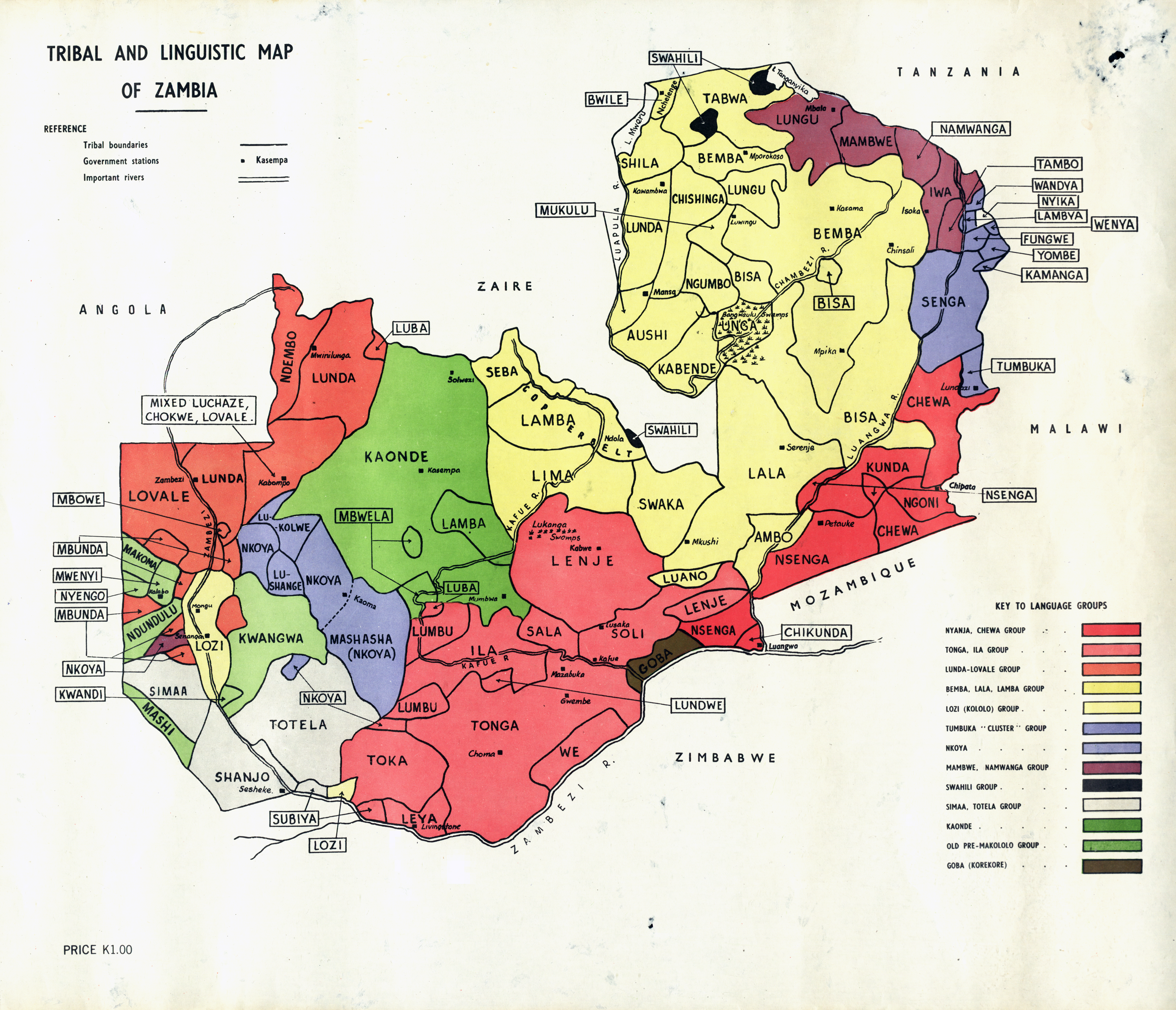A map illustrating the general distribution of major tribal and linguistic groups in Zambia, highlighting the nation's diversity. (Legend: Red - Bemba; Orange - Chewa; Yellow - Lozi; Light blue - Lunda; Medium blue - Nyanja; Dark blue - Tonga))