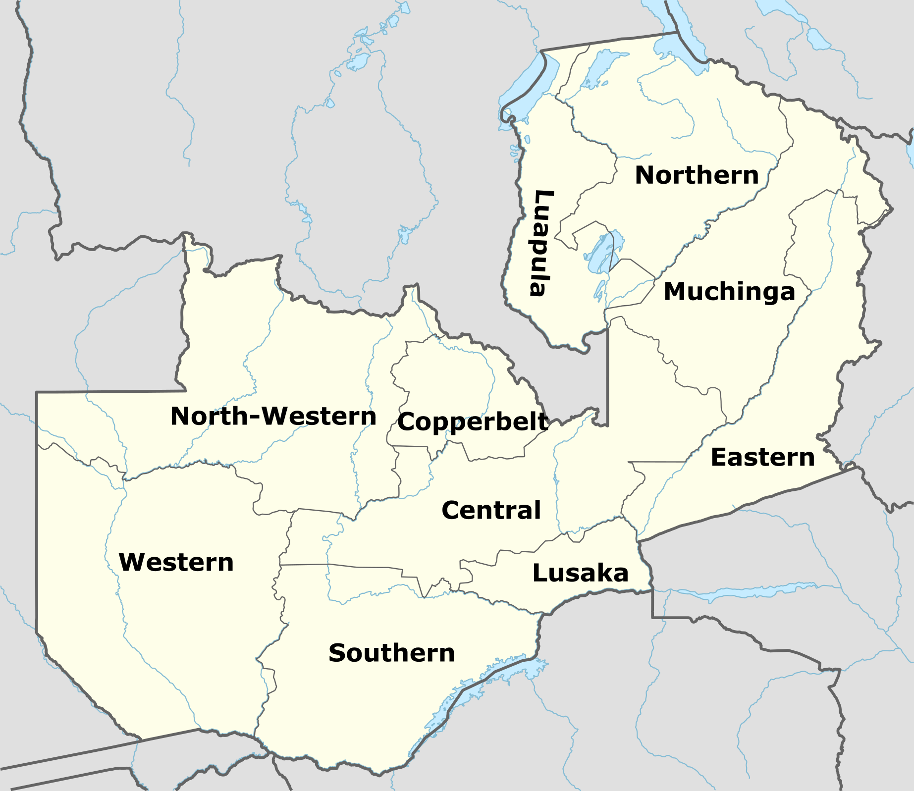Map of Zambian Provinces, showing Central, Copperbelt, Eastern, Luapula, Lusaka, Muchinga, North-Western, Northern, Southern, and Western provinces.
