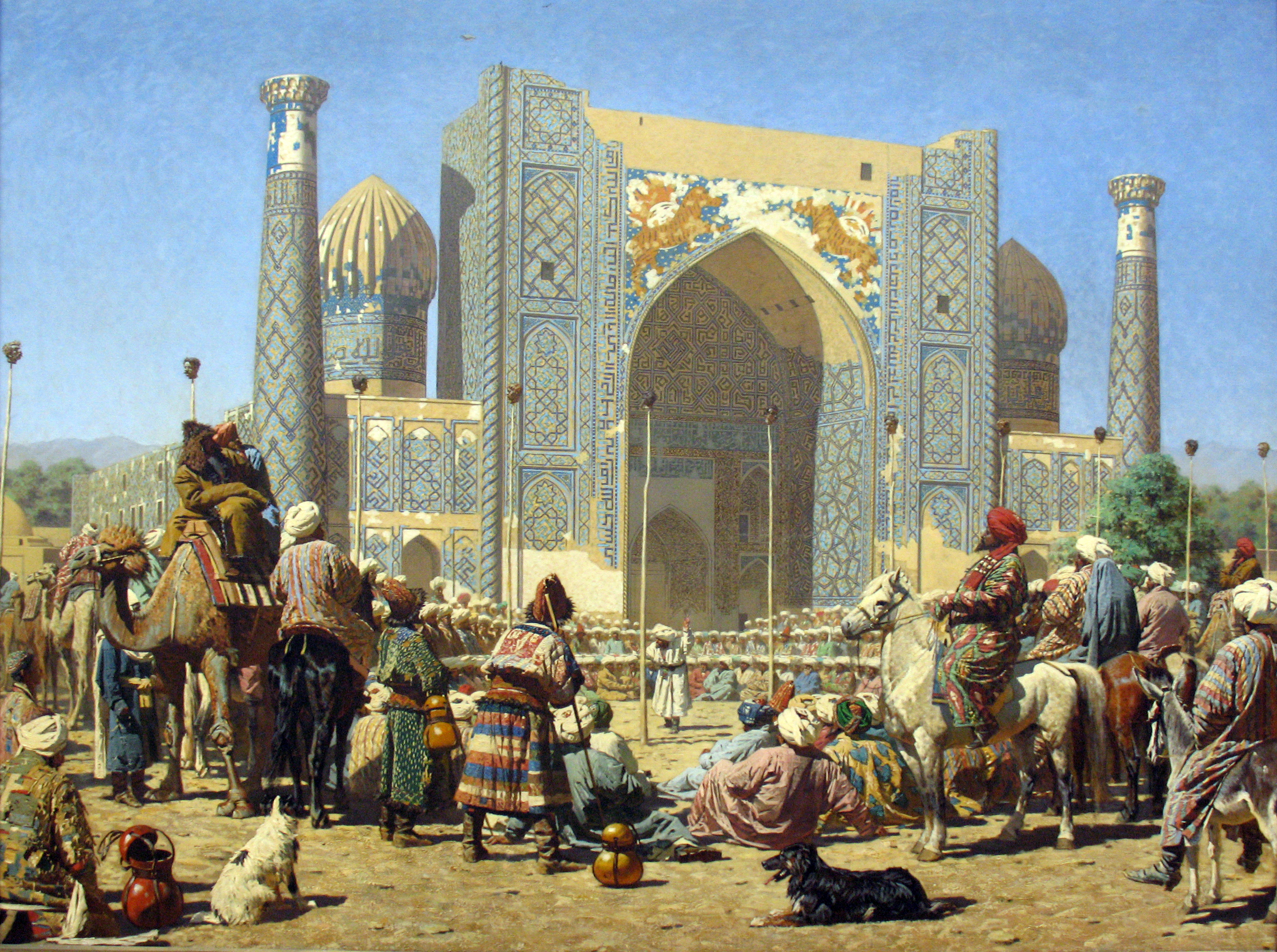 Đám đông chiến thắng tại Registan, Sher-Dor Madrasah. Tiểu vương Bukhara xem xét đầu bị chặt của lính Nga trên cọc. Tranh của Vasily Vereshchagin (1872).