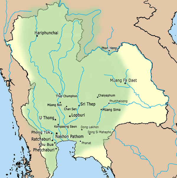 Peta penempatan budaya Dvaravati dari abad ke-6 hingga ke-9