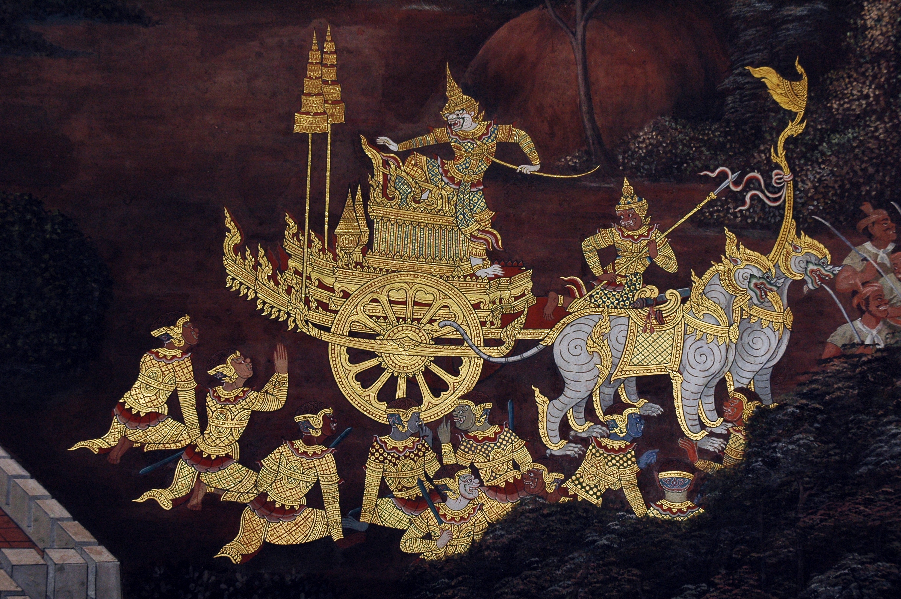 Adegan dari Ramakien yang digambarkan pada mural di Wat Phra Kaew