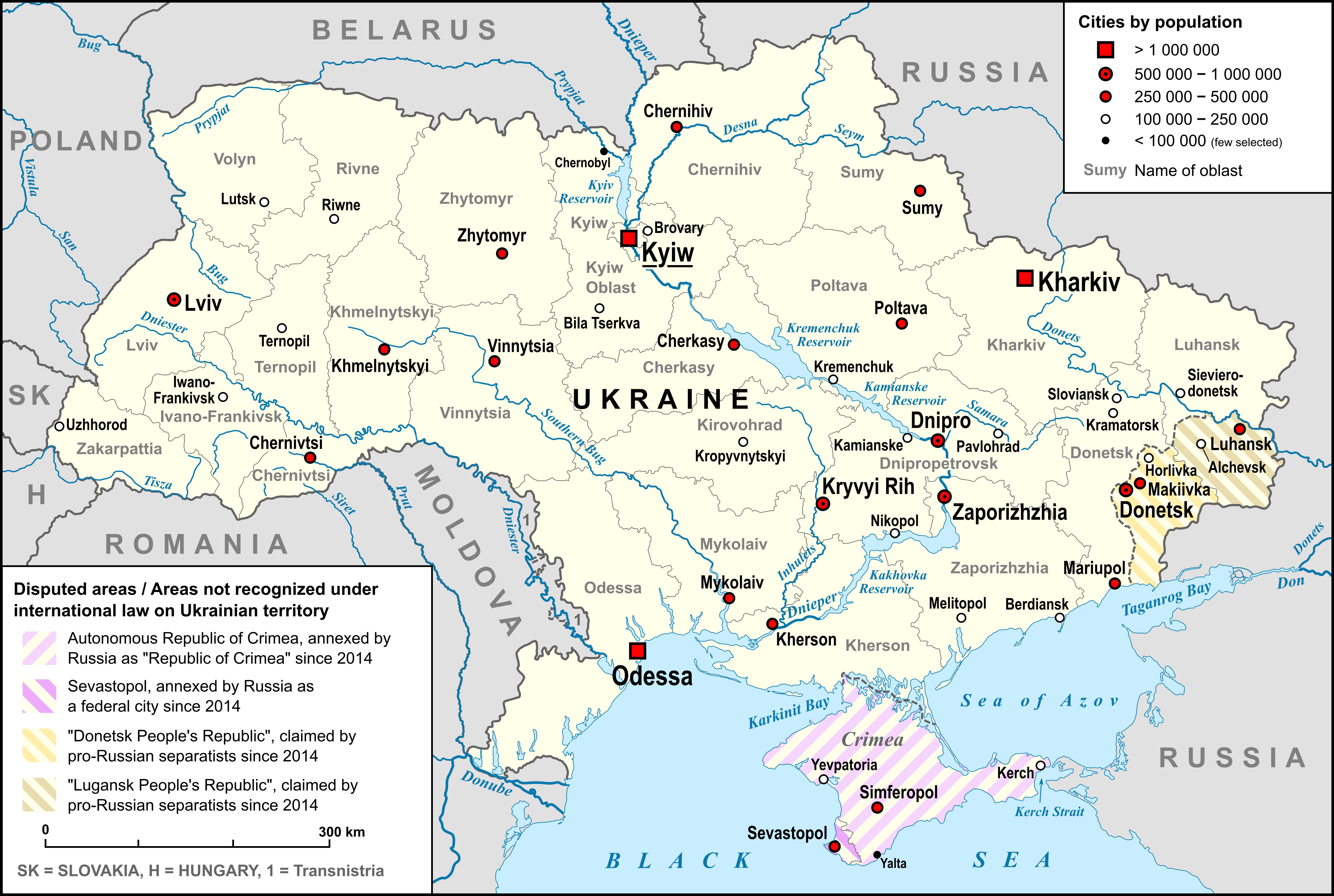 Peta Ukraine (2021) - bandar-bandar utama dan negara-negara jiran