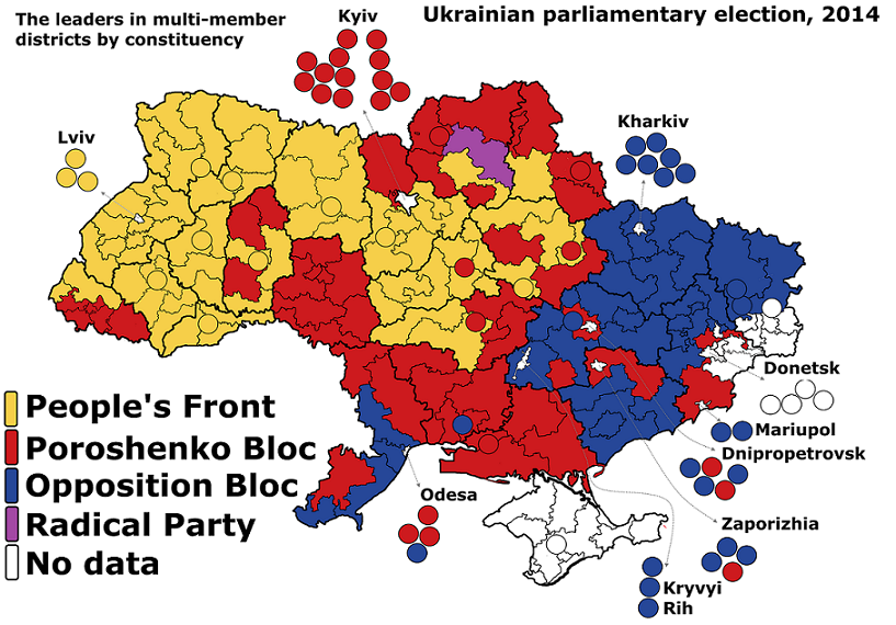 Kết quả bầu cử quốc hội Ukraina năm 2014 với Mặt trận Nhân dân màu vàng, Khối đối lập màu xanh dương và Khối Petro Poroshenko màu đỏ