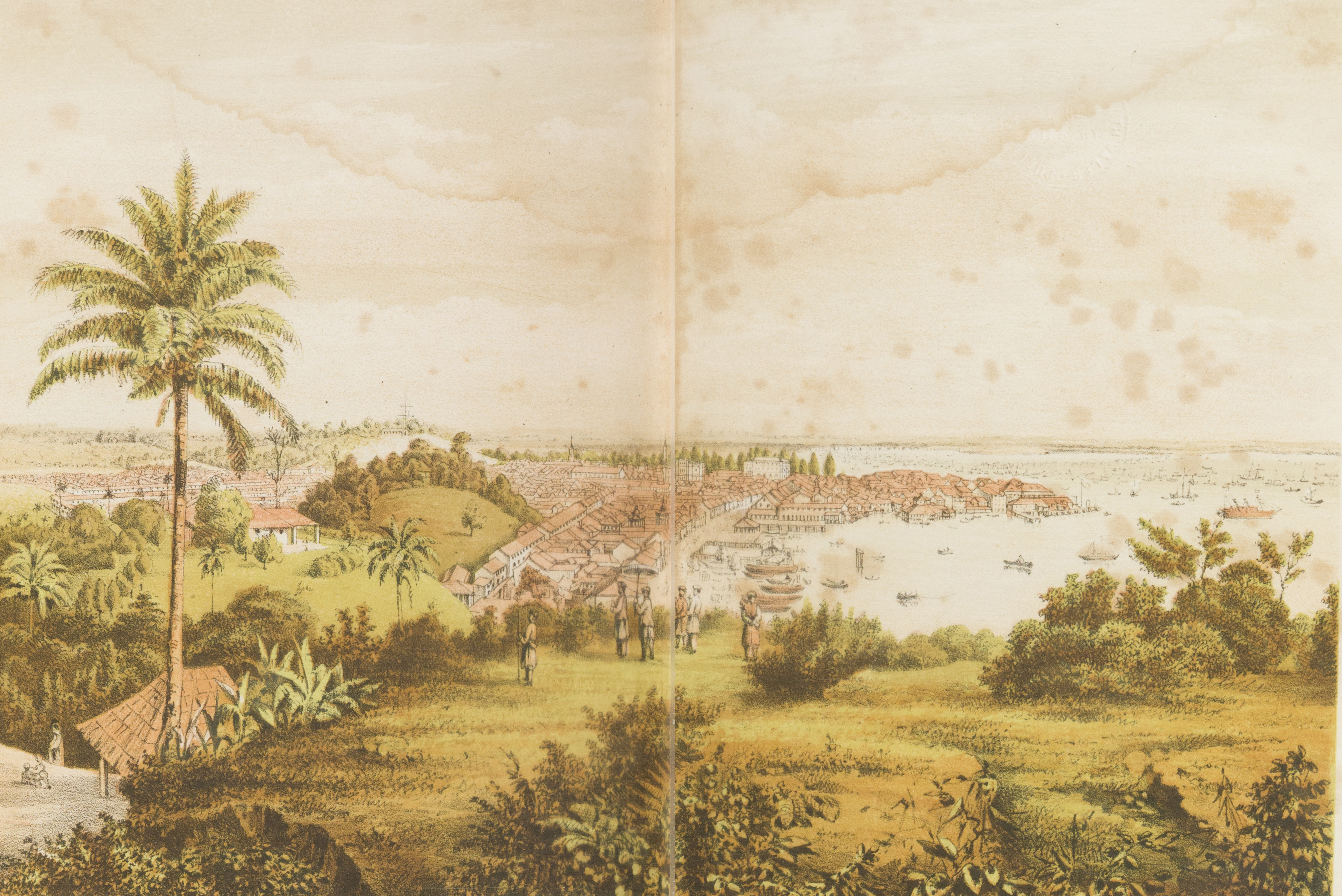 Panorama Singapura saat matahari terbit, 1865, litograf oleh Vincent Brooks.