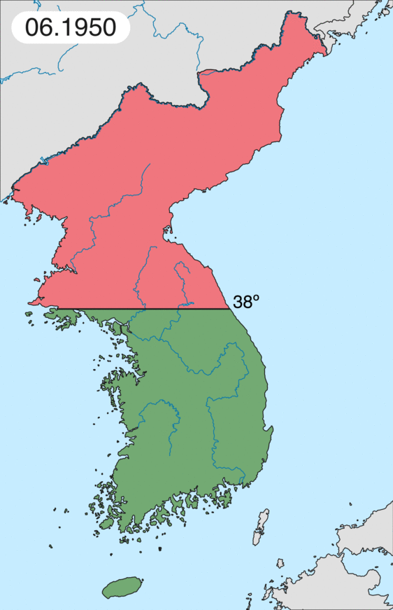 Wilayah sering berpindah tangan di awal perang hingga garis depan stabil (area merah menunjukkan pergerakan pasukan Korea Utara, Tiongkok, dan Soviet; area hijau menunjukkan pergerakan pasukan Korea Selatan, AS, Persemakmuran, dan Perserikatan Bangsa-Bangsa).