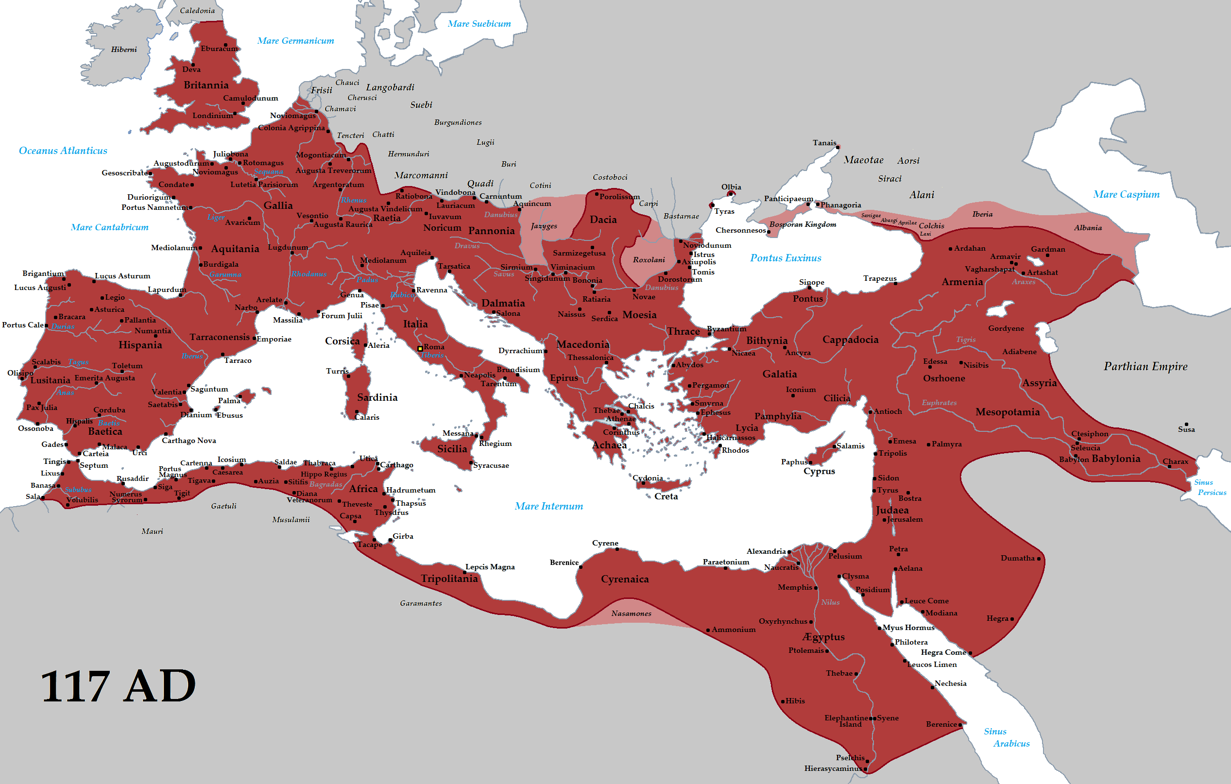 Kekaisaran Romawi pada tahun 117 M pada masa kejayaannya. Warna merah tua menunjukkan Kekaisaran Romawi dan warna merah muda menunjukkan negara vasal.
