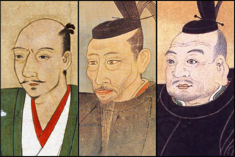 Tiga pemersatu Jepang. Dari kiri ke kanan: Oda Nobunaga, Toyotomi Hideyoshi, dan Tokugawa Ieyasu.
