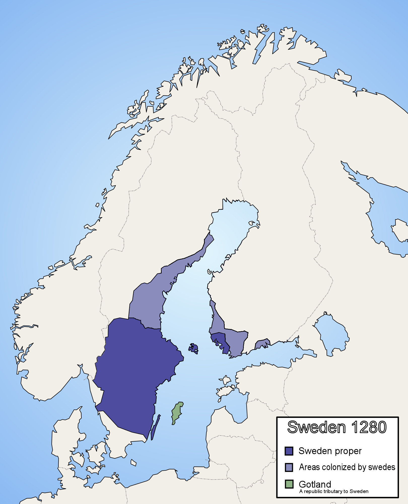 1280年頃のスウェーデン支配域の概略図