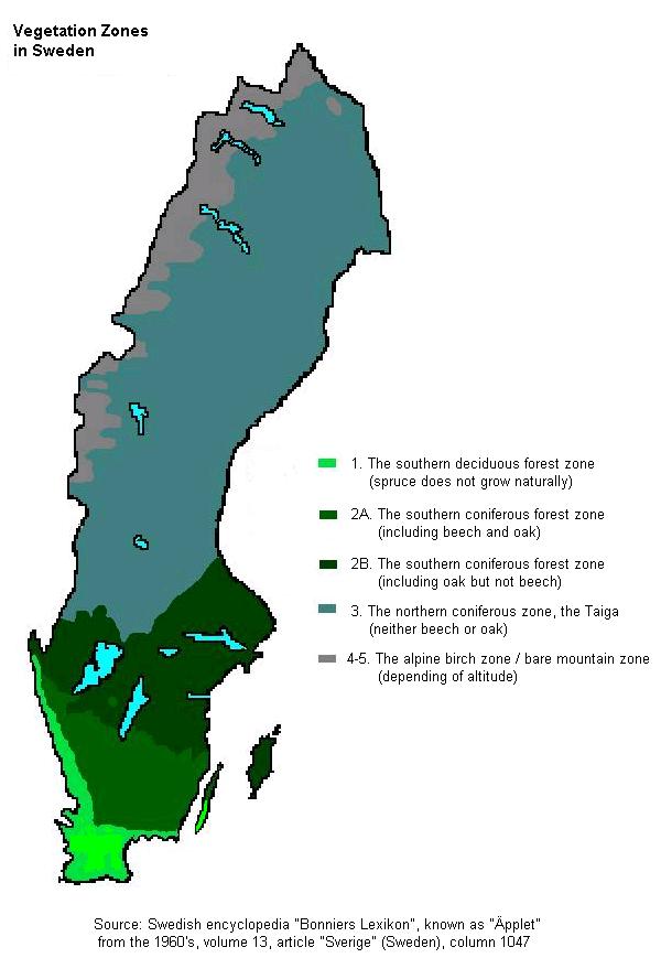 スウェーデンの5つの主要植生帯の地図