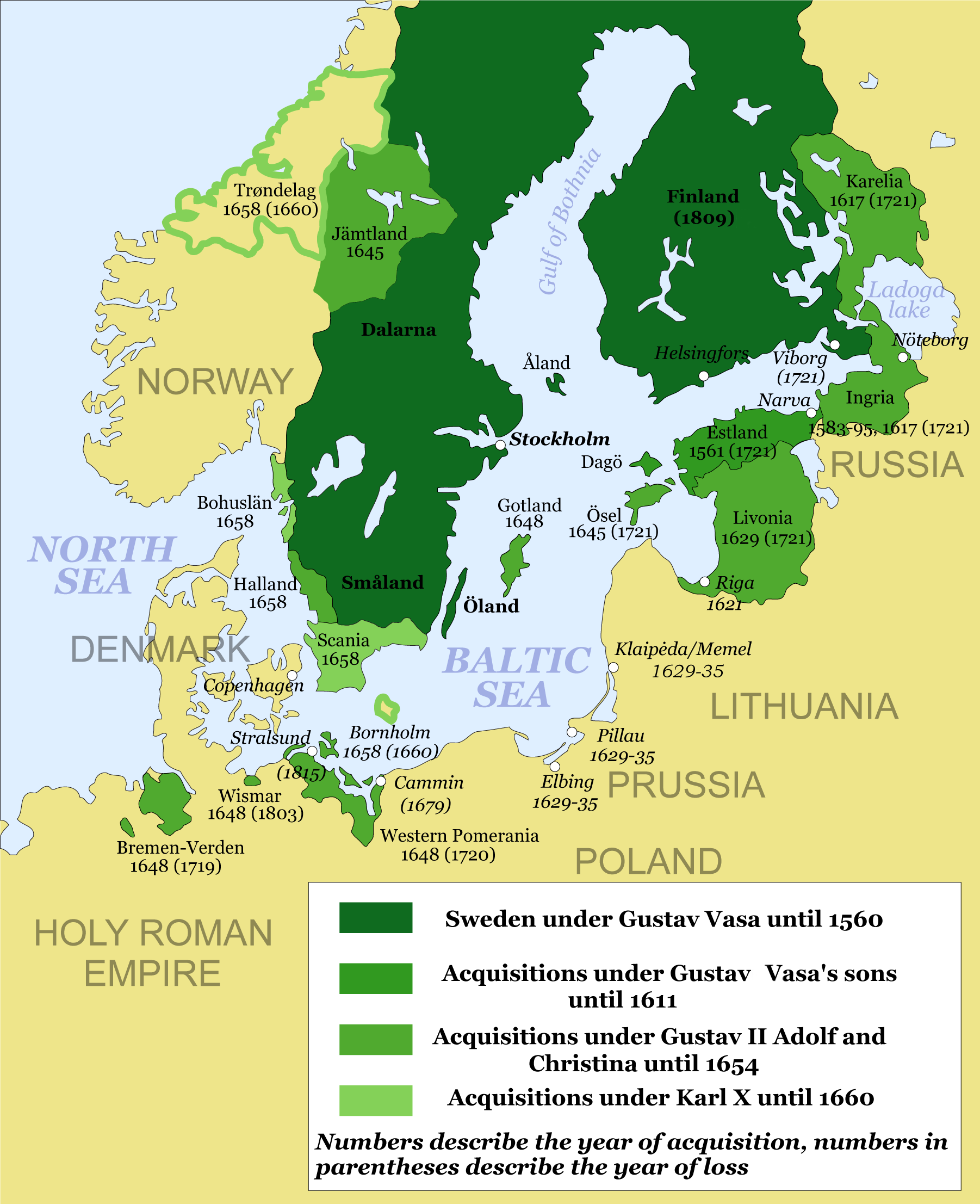 1658年のロスキレ条約によるスウェーデン王国。濃緑色はスウェーデン本土、その他の緑色はスウェーデンのドミニオンおよび領地。