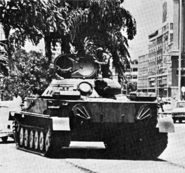 A Cuban-manned Soviet PT-76 tank in Luanda, Angola, during Cuba's military intervention.